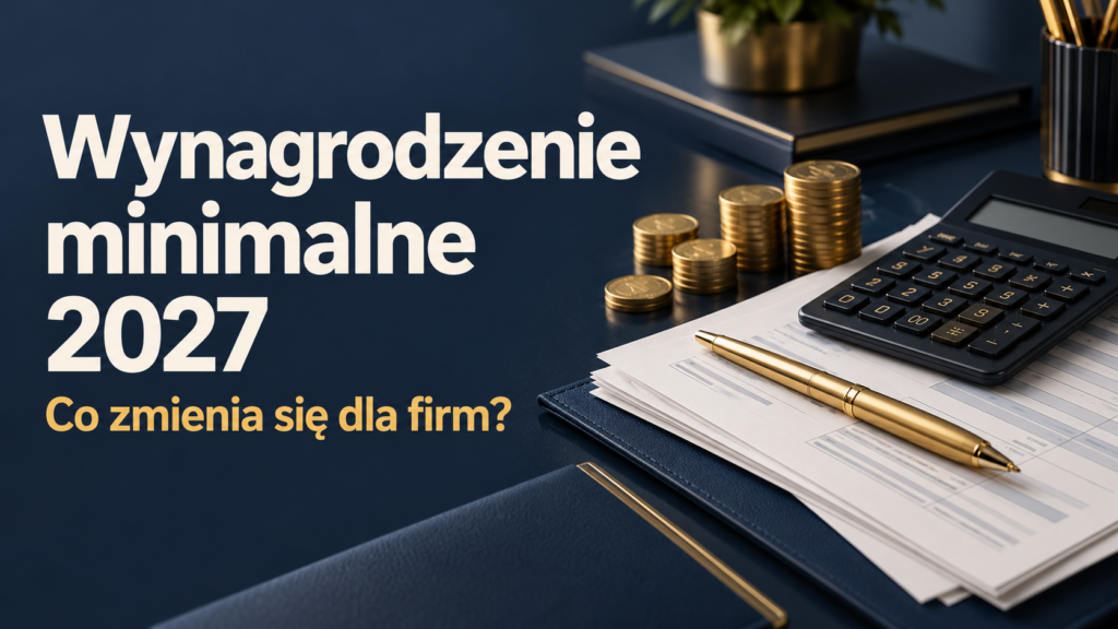 Wynagrodzenie minimalne 2027 – kalkulator, dokumenty płacowe i monety na granatowym tle.